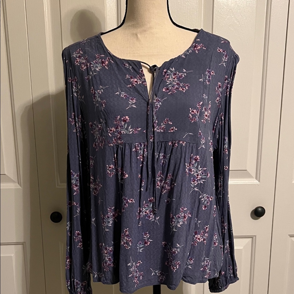 LUCKY BRAND, BOHO COTTON TIE NECK FLORAL TOP SIZE L, VIOLET COLOR